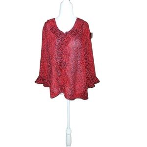 Cathy Che 16 Blouse Red Black Ruffle Bell Sleeve Long Sleeve Ruffle Neck…